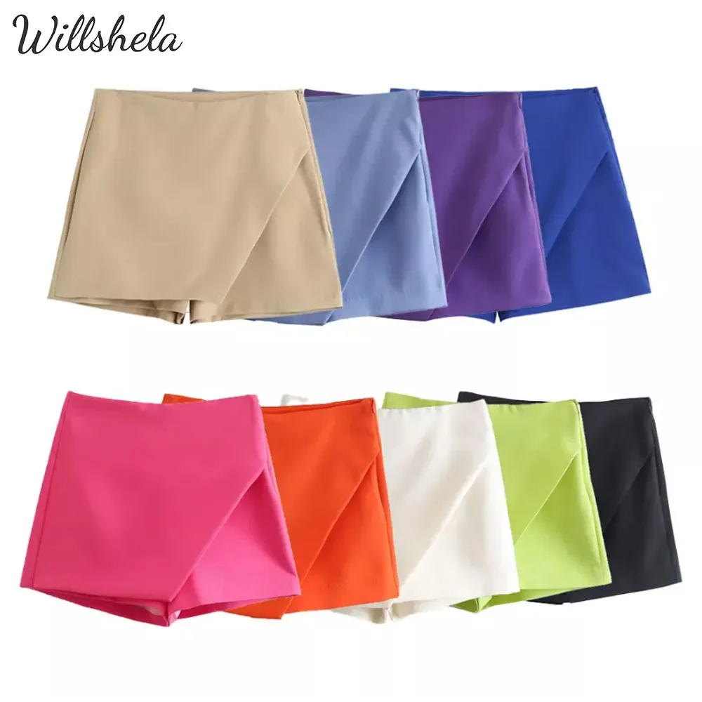 

Willshela Women Fashion Spring Summer Solid Multi-Color Asymmetric Skirt Style Shorts Chic Elegant Female Casual Short Skorts