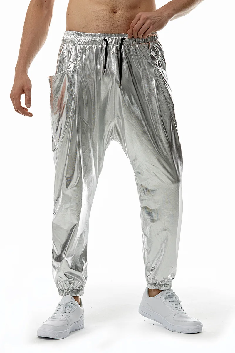 Men's New Summer Fashion Bright Metal Sports Long Pants, Solid Color Casual Drawstring Elastic Waist Loose Beam Foot Trousers