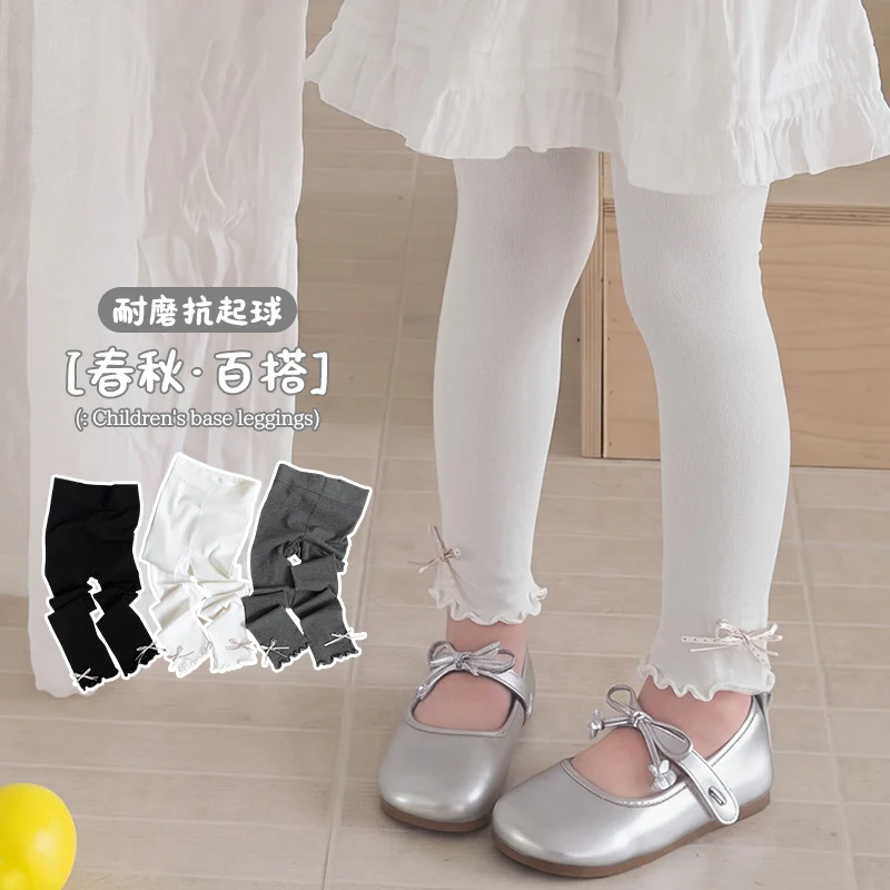 Lovely Girls Sweet Korean‑Inspired Solid Leggings Delicate Double Bow Detail Ruffled Trim Breathable Stretchy Nine-Point Tights
