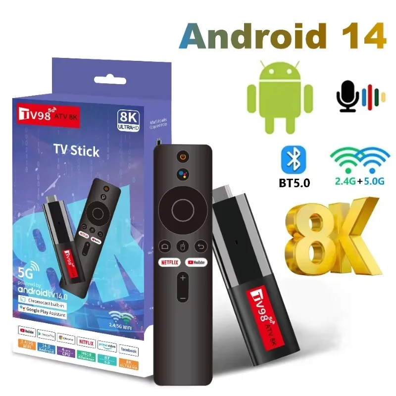 TV98 Ultra HD 4K Smart TV Stick Allwinner H618 Set-top Box 2GB 16GB 2.4G/5G WIFI ATV Android 14 BT5.0 Media Player TV Stick