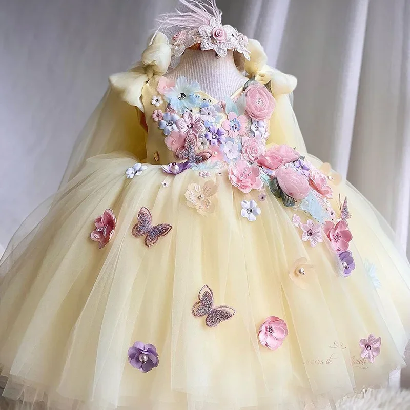 Luxury Handmade Butterfly Violin Ball Celebration Dress 2024 Girl's Birthday Party Evening Dress Princess Tulle Short Skirt