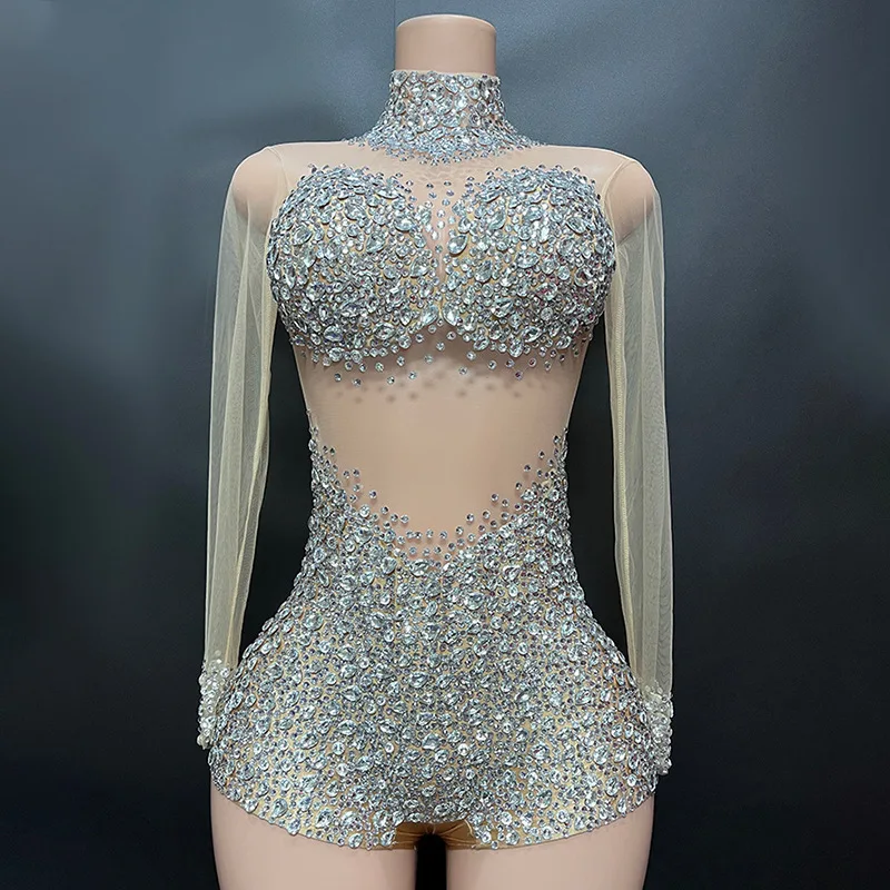 Sparkly Crystals Leotard Sexy See ThroughCrystal Bodvsuit Dance Costume WomenNightclub Party Birthday Outfit Show StageWear