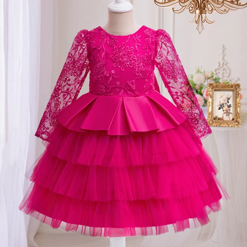 Lace Long Sleeve Girl Party Dresses Fluffy Tulle Bow Kids Birthday Princess Dress For Girls Wedding Prom Gown Children Clothing