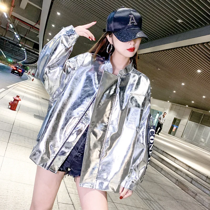 Spring Oversized Cool Silver Gold Blue Shiny Reflective Patent Pu Leather Jacket Women with Hood Unisex Y2K Clothes