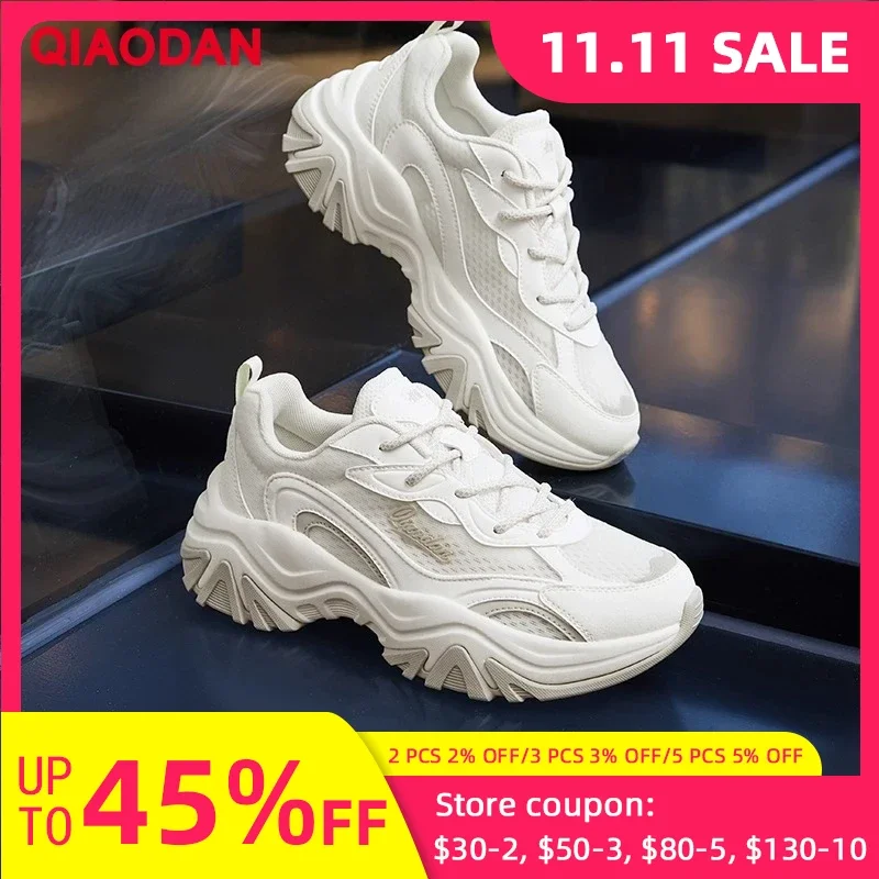 

QIAODAN Women's Casual Sneakers 2025 Autumn Color Blocking Lace-up Shoes Thick-soled Mesh Breathable Walking Shoes QXL042252423R