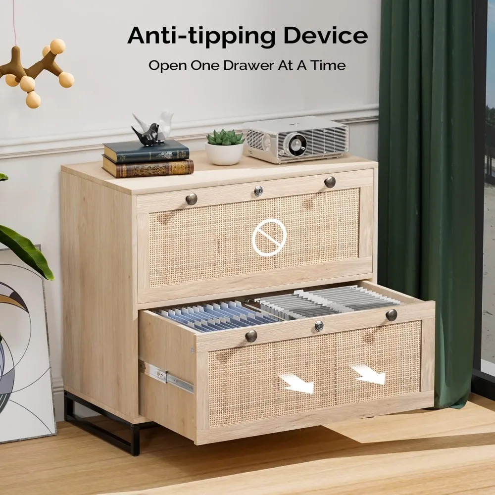 Wood Rattan 2-Drawer Lateral File Cabinet with Lock for Home Office, Lockable Filing Cabinet with Rustic Metal Handles for Hang