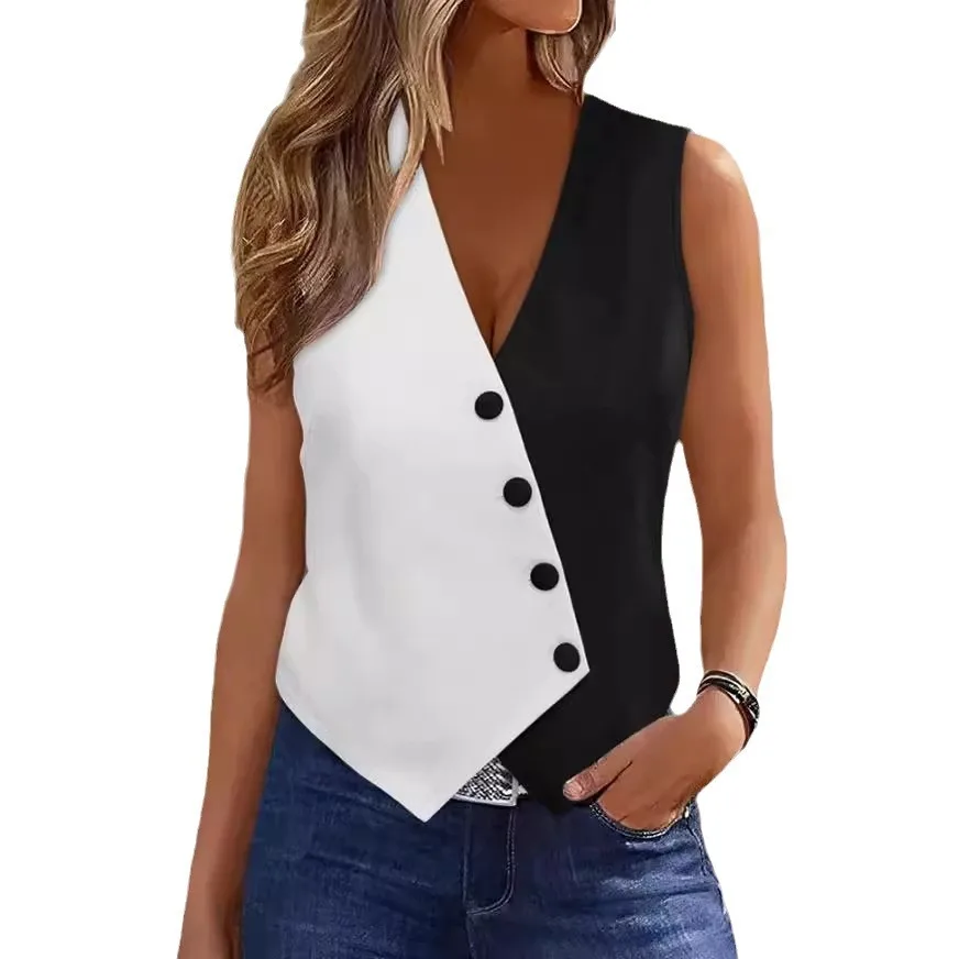 Women Vests 2024 European and American fashion spring and summer black and white contrasting cross V-neck short suit waistcoat