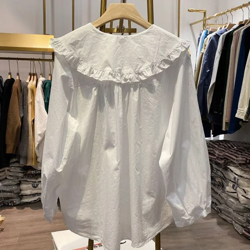 Sweet White Loose Blouse Spring Autumn New Solid Color Long Sleeve Korean Ruffled Shirt Tops Preppy Style Fashion Women Clothing