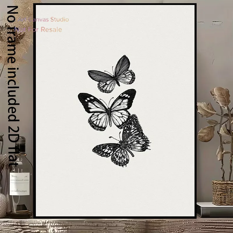 2D Flat, 1pc Vertical Frameless Black and White Butterfly Canvas - Minimalist Suitable for Rooms, Modern Natural Decor Suitab