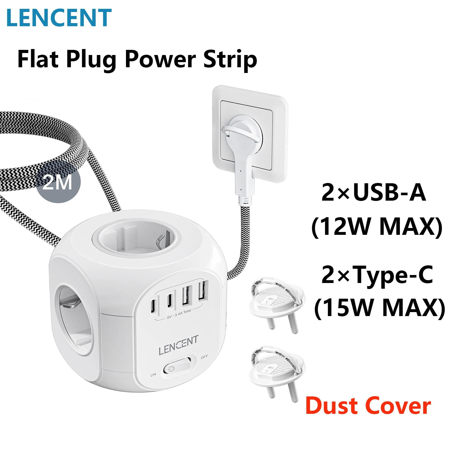 LENCENT EU Plug Power Strip with 2 Covers 4AC Outlets 2USB-A 2USB-C 2M Extension Cord Multi Socket Adapter with Switch for Home