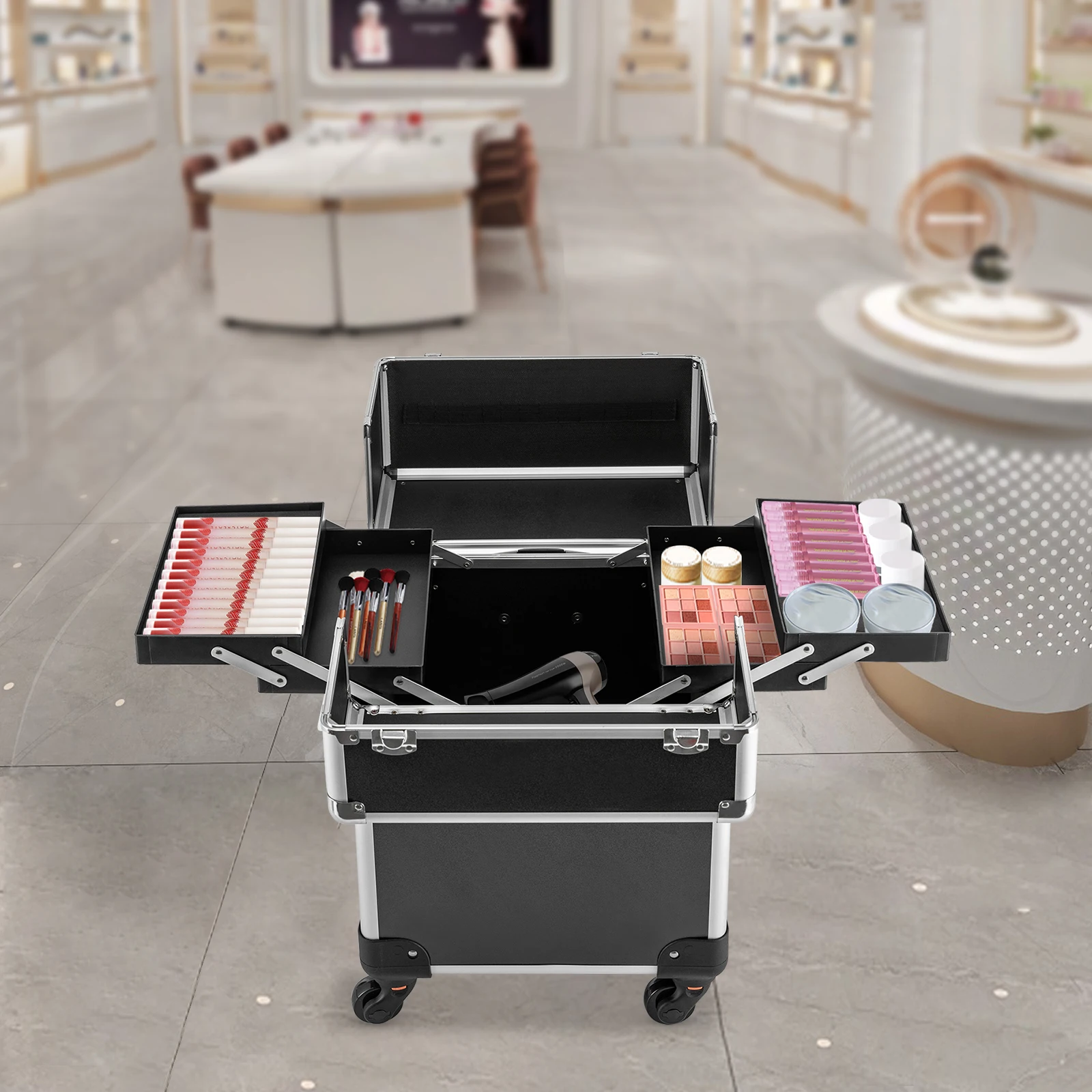 

Rolling Makeup Train Case Large Cosmetic Trolley Organized Aluminum Alloy Barber Case with Keys Swivel Wheels Traveling Cart