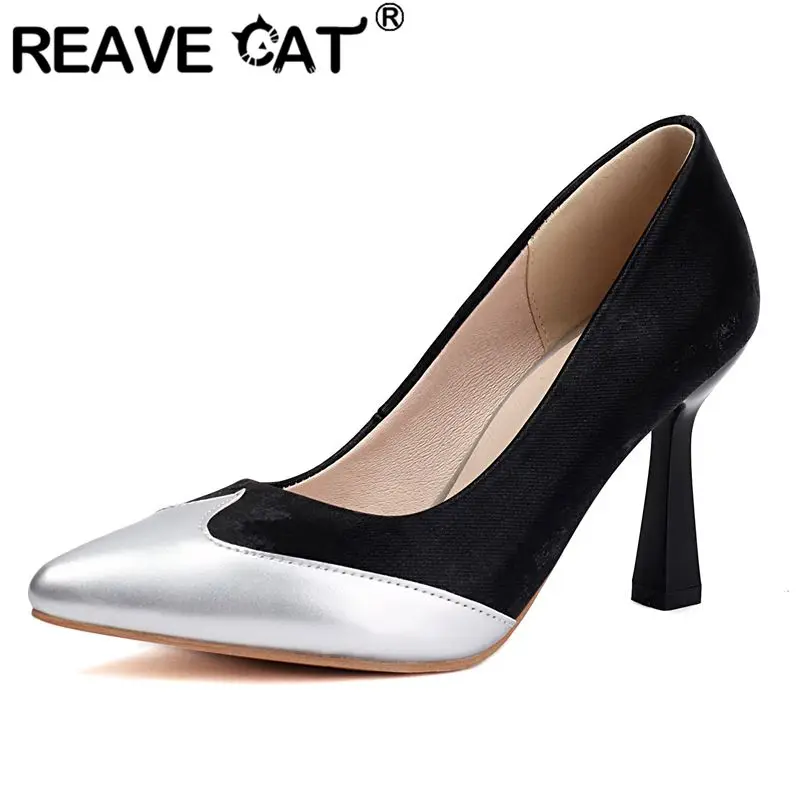 

REAVE CAT Сексуальные женские туфли-лодочки с острым носком, странные туфли на высоком каблуке 8,5 см, слипоны из разноцветной замши, большой размер 50 51 52 Туфли для вечеринок