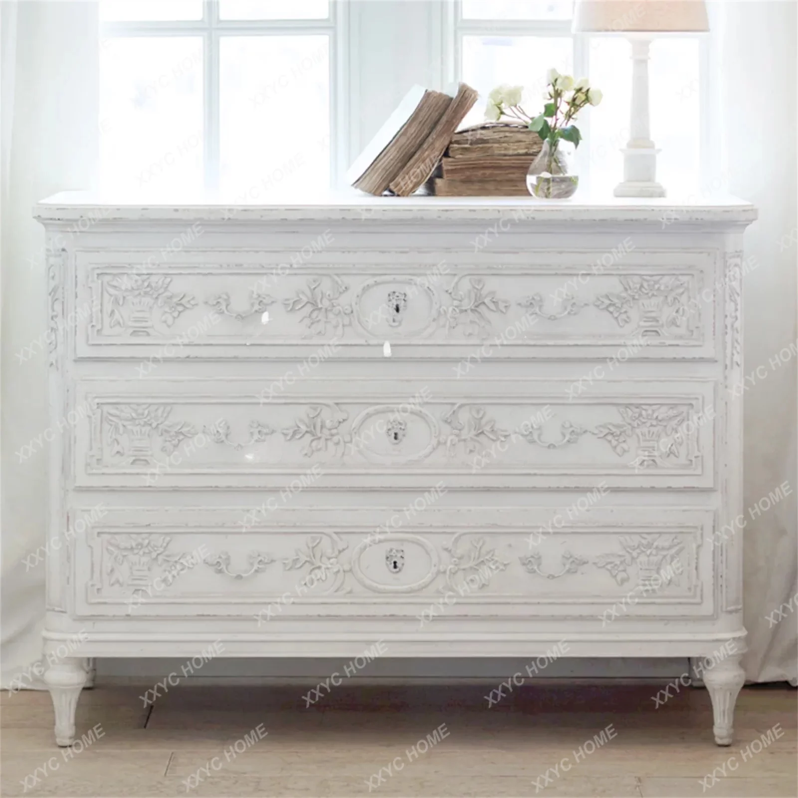 Antique three-bucket cabinet weathered white imitation old veneer hand-carved flower storage decorative cabinet