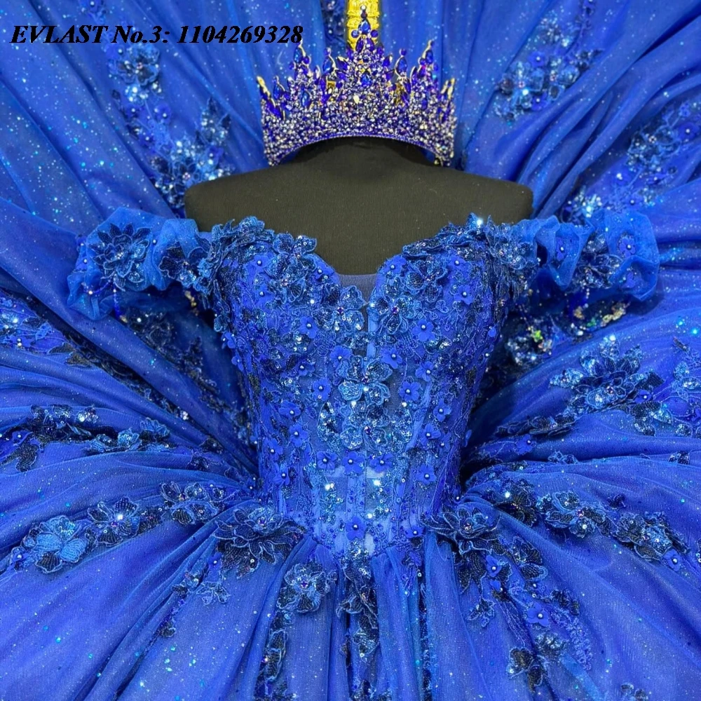 EVLAST блестящее королевское синее платье Quinceanera по индивидуальному заказу, бальное платье с кружевной цветочной аппликацией и бисером, Sweet 16, Vestido De 15 Anos E3Q334