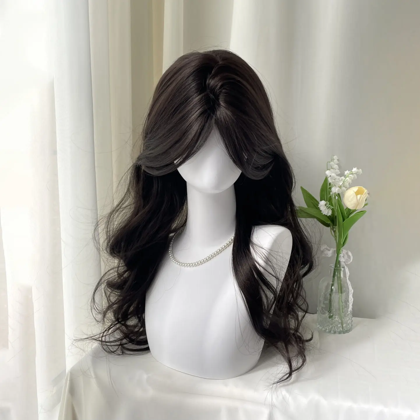 

Wig female long hair Korean medium eight-character bangs big waves long curly hair daily fluffy simulation full hood