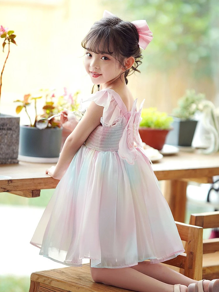 Girls Gradient Rainbow Sling Dress Butterfly Decoration Vestido Children Princess Christmas Ball Birthday Party Summer Dresses