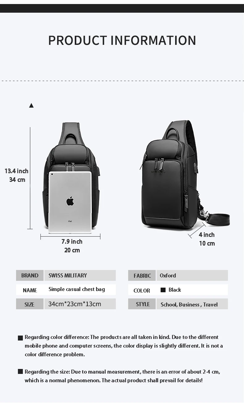 SWISS Men\'s Multifunctional Waterproof Chest Bag Fashion Shoulder Bag Sports Crossbody Bag Nylon Handbags Usb Bag Sling Pack