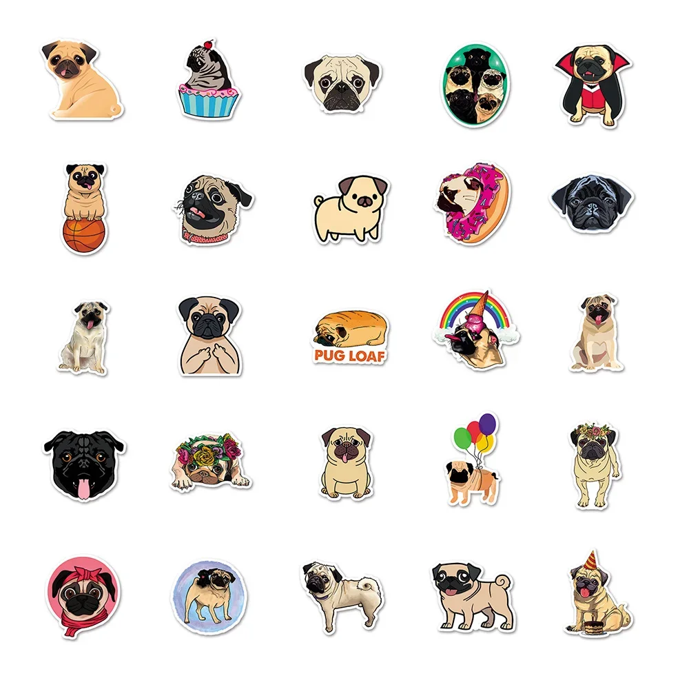 50枚入り 可愛い動物 パグ漫画ステッカー DIY ノートパソコン スーツケース スケートボード 防水 グラフィティ ウォーターカップ デカール 子供のおもちゃギフトに最適