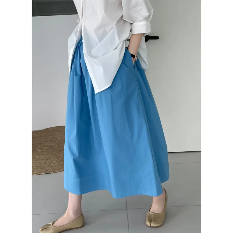 Rok Midi model A-line untuk wanita, rok katun murni, Rok Midi pinggang elastis, rok kasual model Korea, rok A-line untuk musim panas