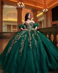 Emerald Green Off Shoulder Bow Quinceanera Dresses Bead Applique Birthday Dresses Luxury 2025 Tassel Princess Gown Customized