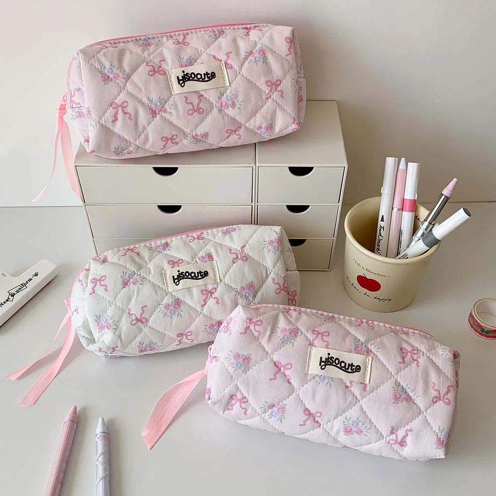 Sac de papeterie à nœud papillon rose/blanc, grande capacité, étui à crayons de style coréen, rangement de bureau esthétique, poudres à crayons pour l'école