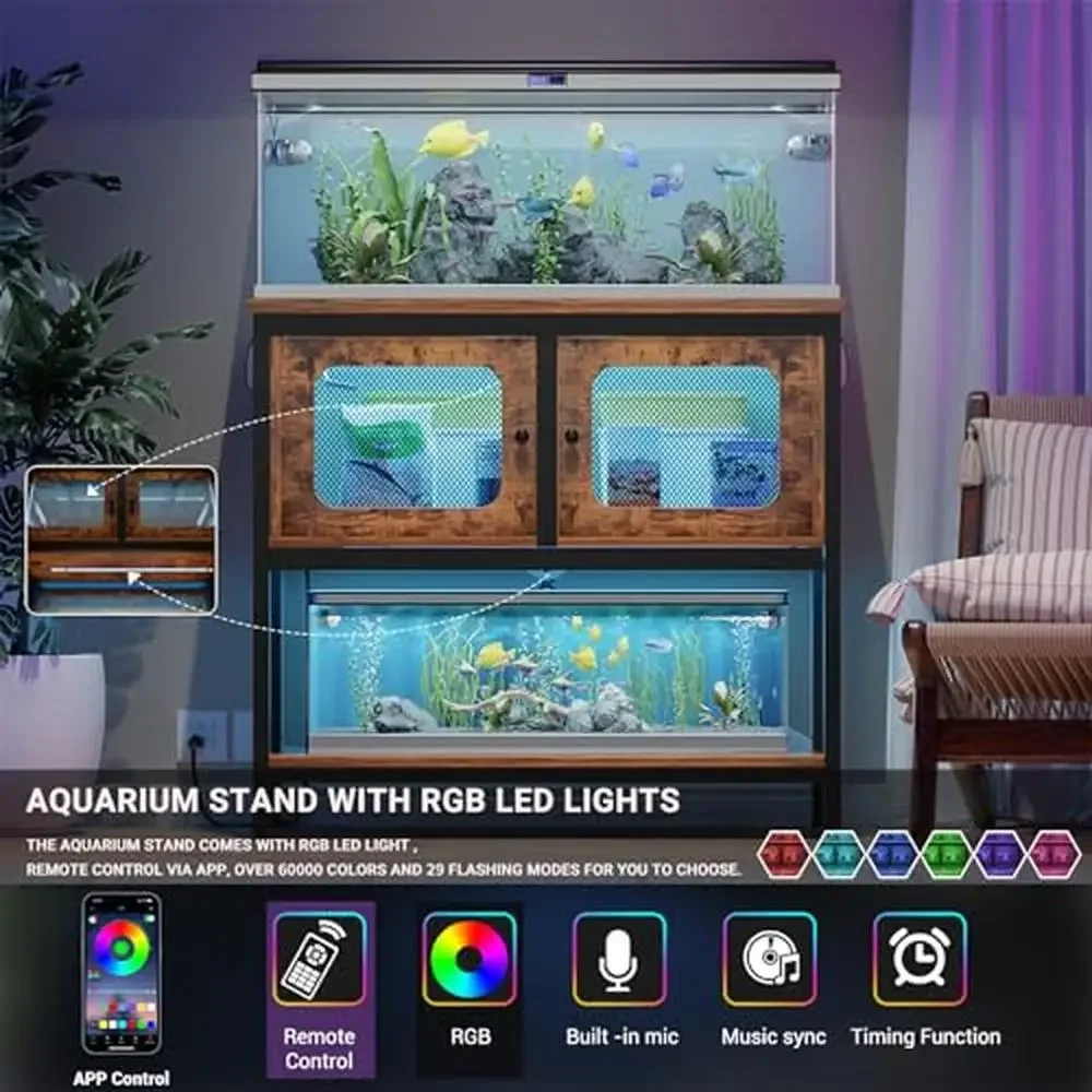 Fish Tank Stand with Power Outlets Smart LED Lights Storage Cabinet Aquarium Reptile Tank Stand 40 Gallon-Lightweight Durable