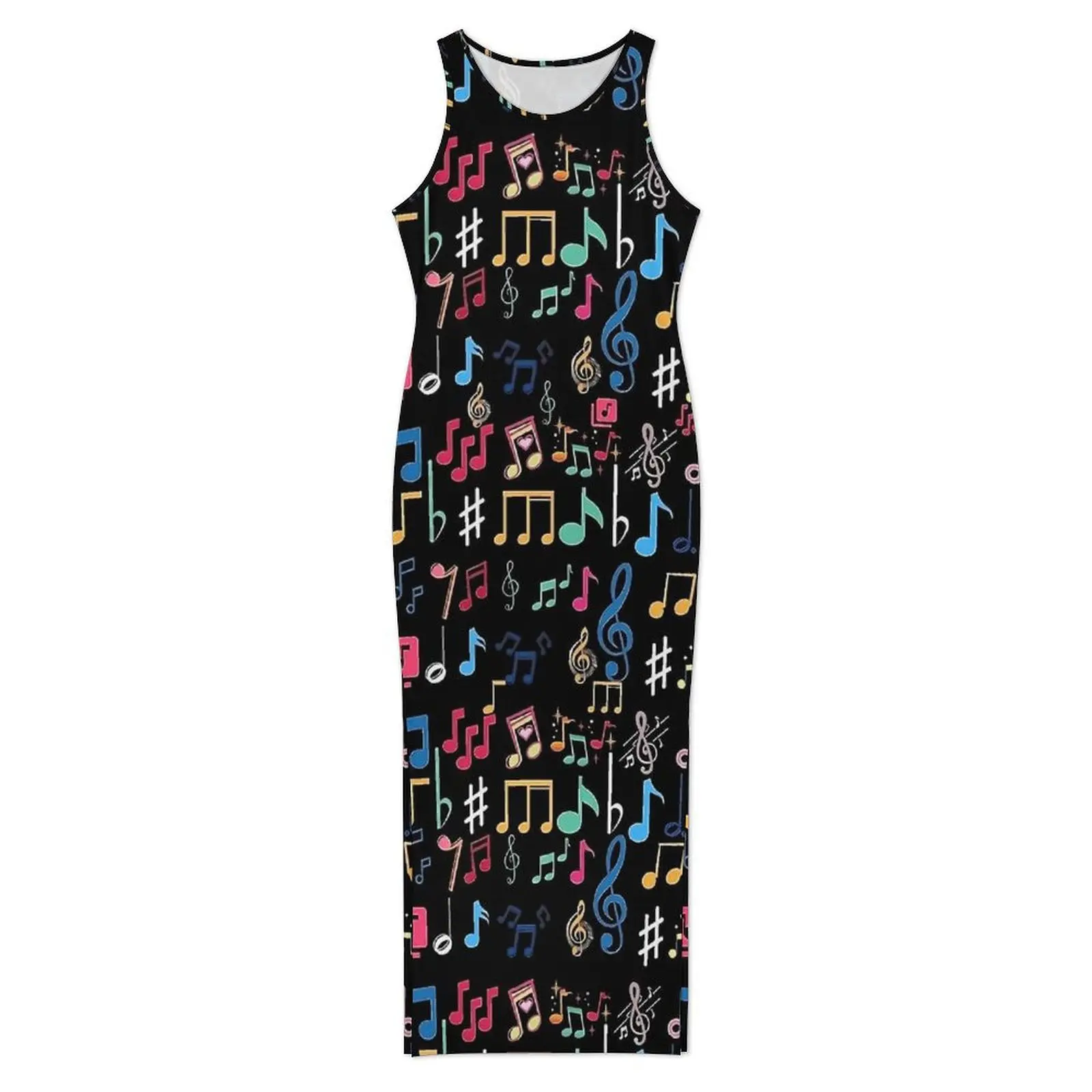 Damska Kolorowa Sukienka z Nadrukiem Nut Muzycznych, Sukienka Bodycon w Stylu Ulicznym, Wiosenna Sukienka Maxi Bez Rękawów, Urocza Sukienka Maxi z Wzorem, Oversize Vestido