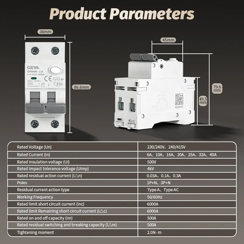 GEYA GYR9NM Typ A oder Typ AC RCBO 2P Magnetischer Fehlerstromschutzschalter mit Überstromschutz 16A 40A 30mA – Detail 7