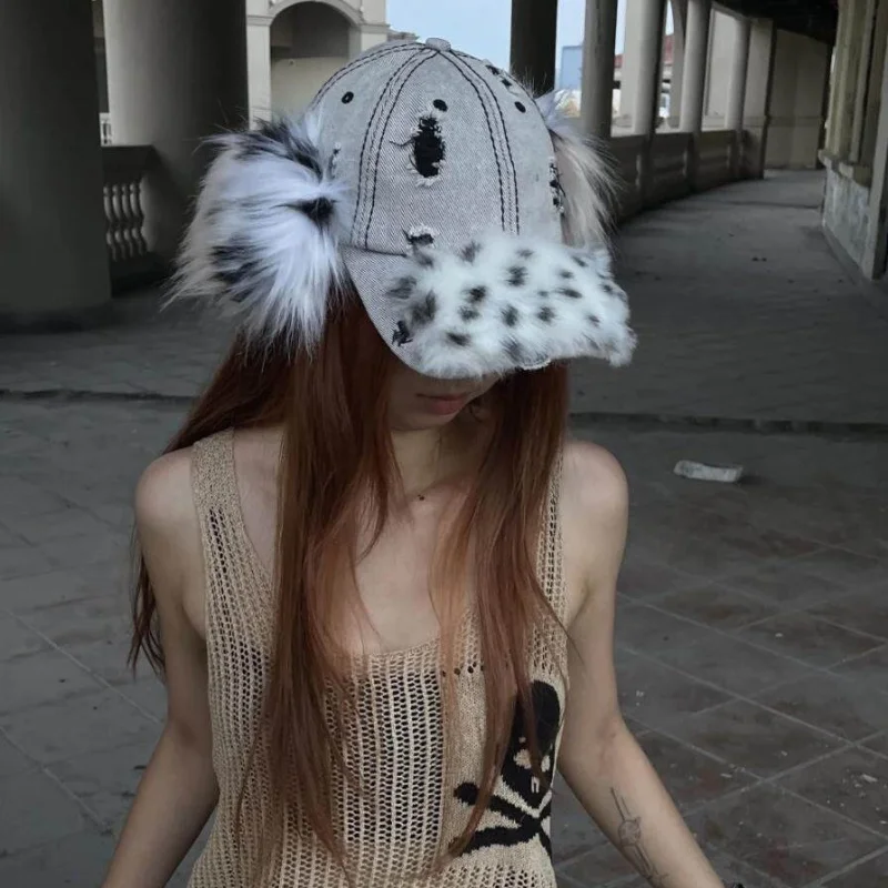 Plush American Retro Spotted Fur Ball Distressed Denim Flat Brimmed Hat Washed Look Small Autumn Winter Style