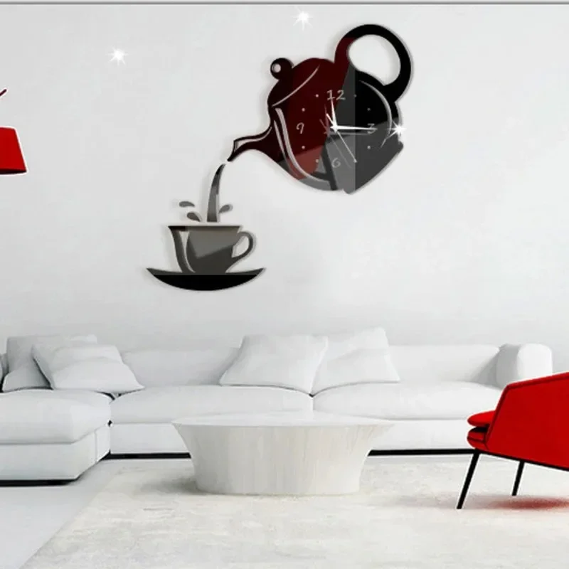 3D Sticker Clock Coffee Cup Teapot Self Adhesive Acrylic Mirror Clock Wall Stickers for Home Living Room Decor Wall Clock Wall