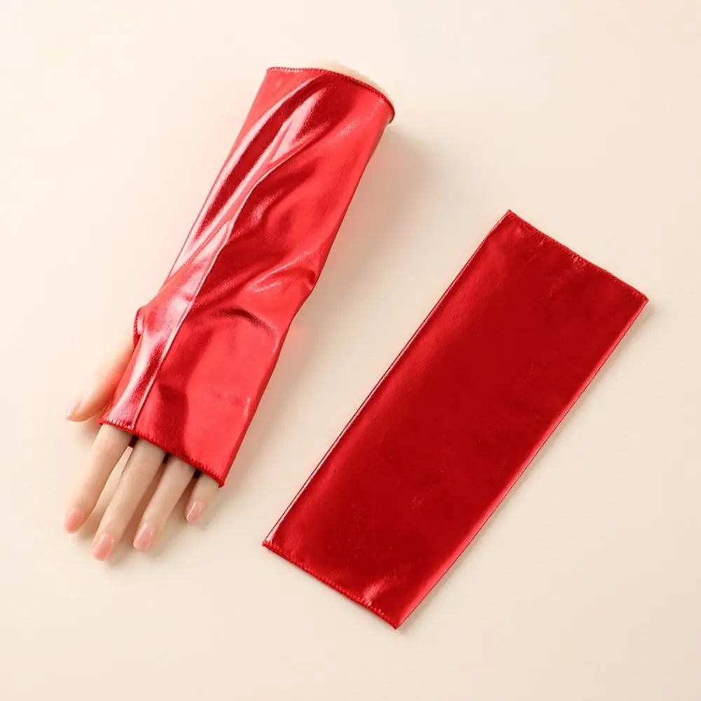 1 Pair Glossy Finish Fingerless Gloves Punk Style Imitation Leather Performance Gloves Thin Girl's Sleeve Set