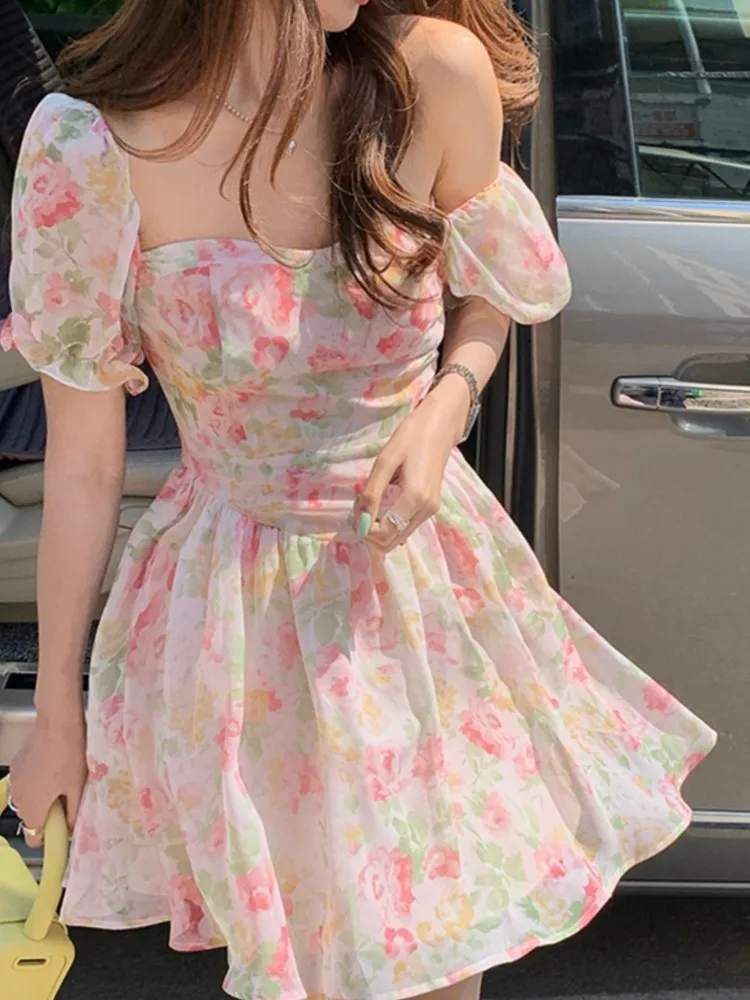 

Fashion New Women Floral Rose Sweet Mini Dress Spring Summer Casual A-Line Valentine's Day Party Dresses Female Pink Vestidos