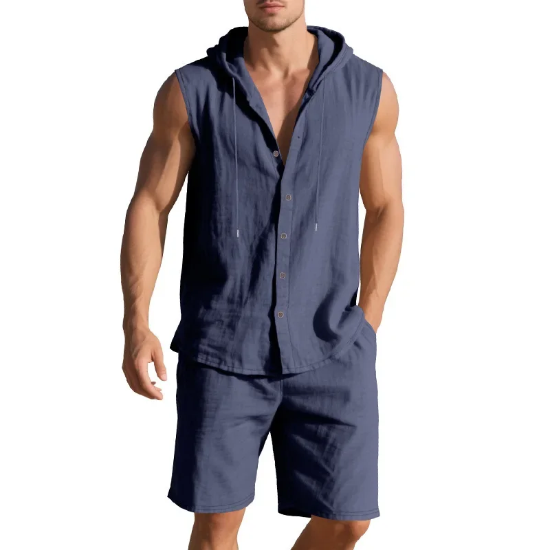 

Men's Loose Casual Simple Hooded Sleeveless Shirt & Shorts Set Cotton Linen Summer Two-piece Set