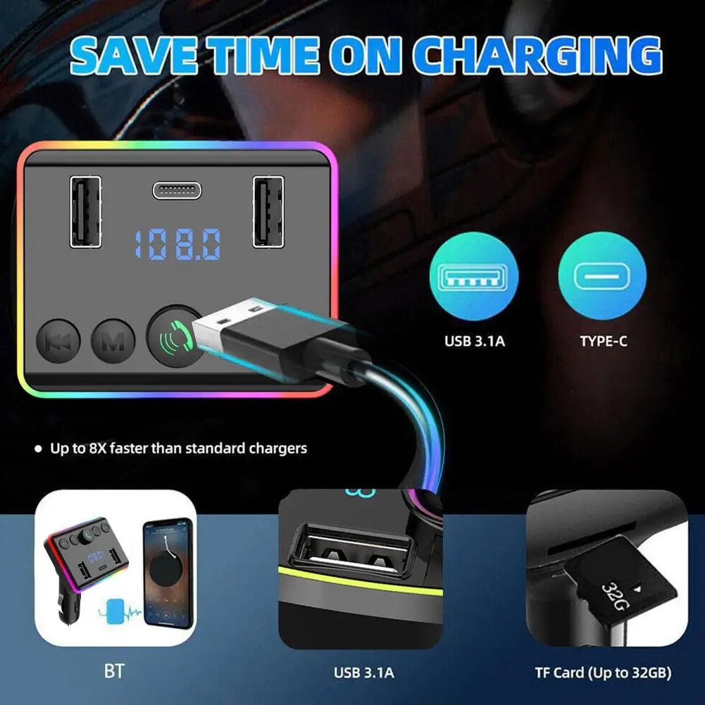 

Car Bluetooth 5.0 FM Transmitter Fast USB Type C Car Charger Car 3.1A Fast Kit Dual Mp3 Player Type-C PD USB Handsfree Char D6O8