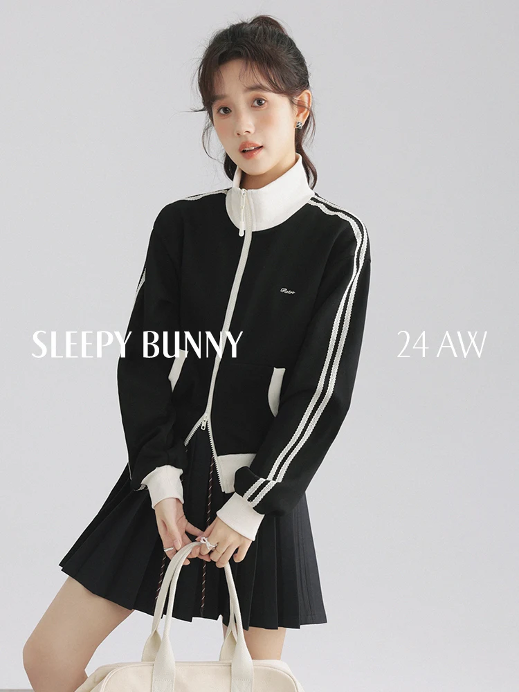 

Contrast Stripe Zip Up Sweatshirt Jacket Women Fall Casual Loose Fit Stand Collar Coat with Double Zipper Drop Shoulder Design