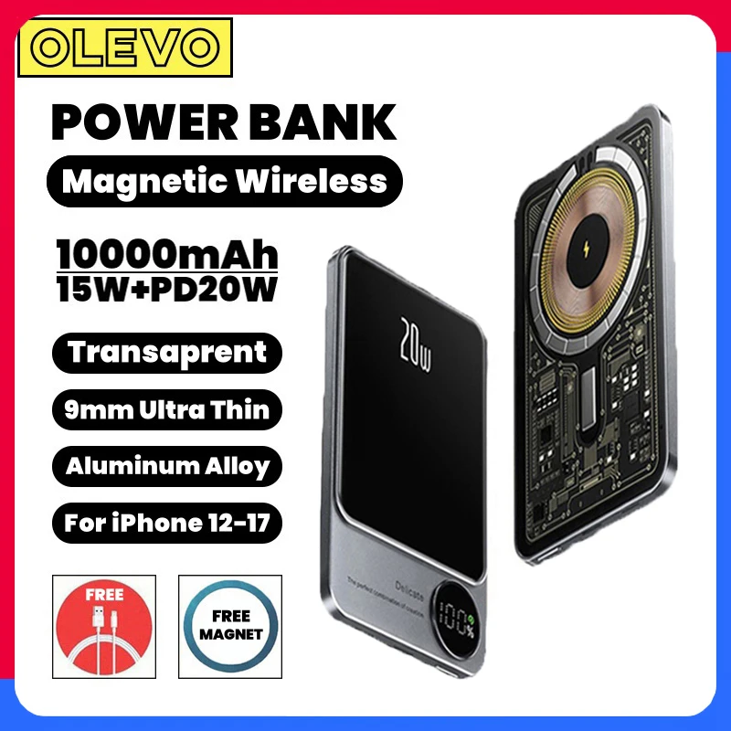 10000mAh شفاف ماكساف باوربانك 15W المغناطيسي اللاسلكي شاحن سريع البطارية المحمولة لآيفون شياومي سامسونج بنك الطاقة