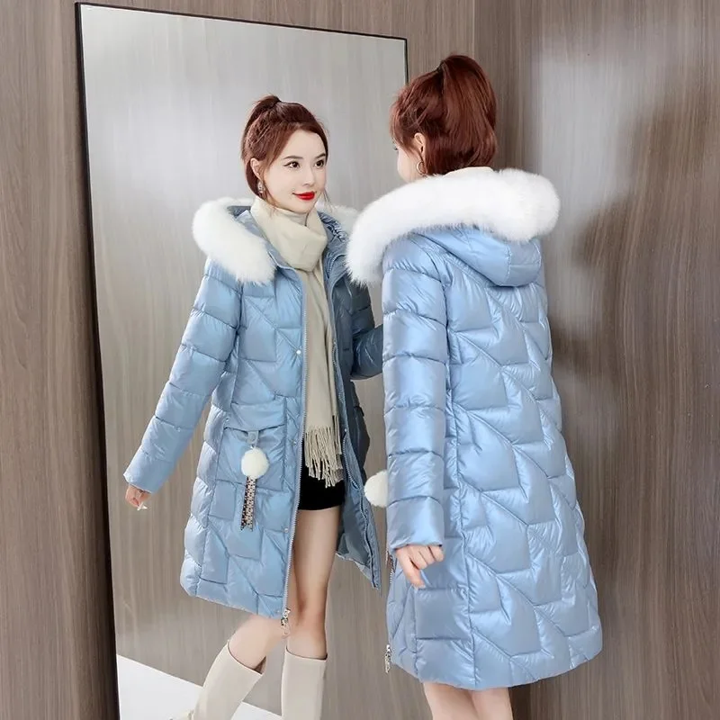 Chaqueta larga con capucha para mujer, abrigo grueso y cálido, Parkas informales acolchadas de algodón brillante para invierno, novedad de 2023