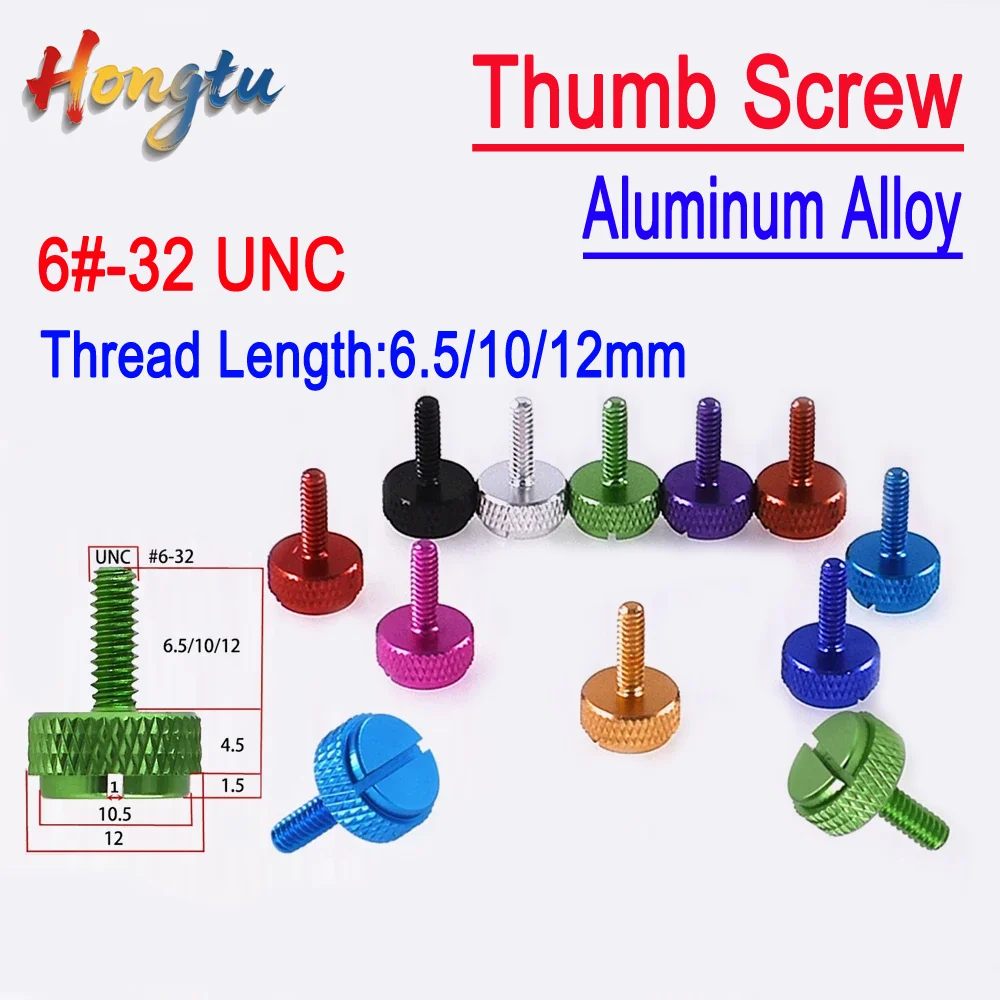 

Hongtu Aluminum Alloy Colourful Slotted Thumb Screws-6#-32x6.5/10/12mm Knurled Hand-Tighten Bolts | Desk Computer Case DIY Parts