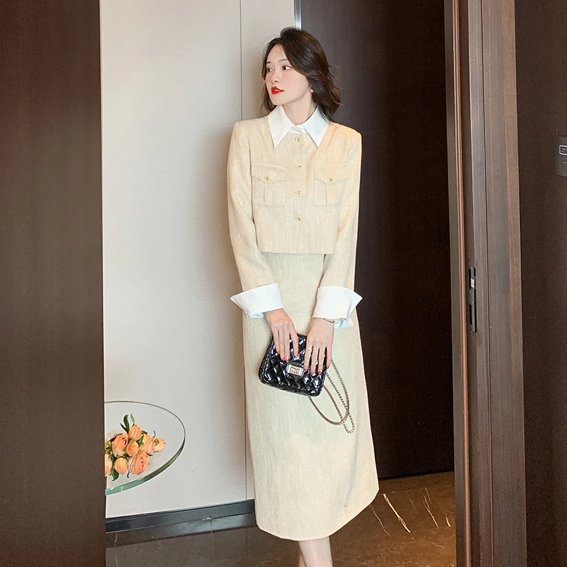 Women Small Fragrant Tweed Two Piece Set New Fall Winter Elegant Lapel Patchwork Short Coat + Hight Waist Mid Bodycon Skirt Suit