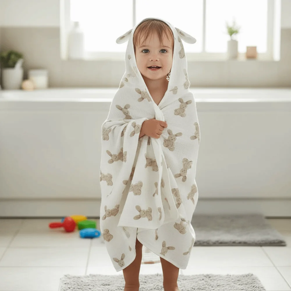 

Large Cute Baby Hooded Cape Towels Soft Thickened Gauze Blanket Wrap Absorbent Panda Kids Bathrobe Beach