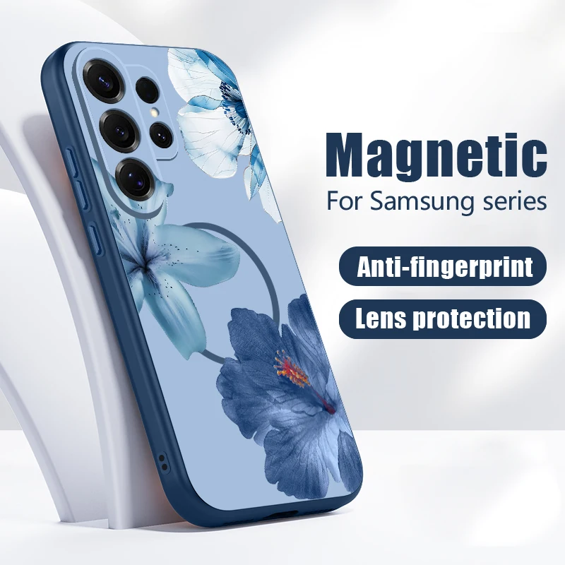 Watercolor Flower Print Magnetic Case For Samsung Galaxy S26 Ultra S25 Edge S24 FE S23 S22 Plus A54 A55 A56 A17 A37 A57 5G Funda