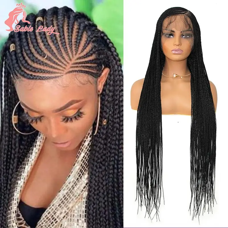 

36inch Cornrows Braided Wigs Synthetic Sidepart Jumbo Braiding Wig Full Lace Frontal Wig For Black Women Knotless Box Braids Wig