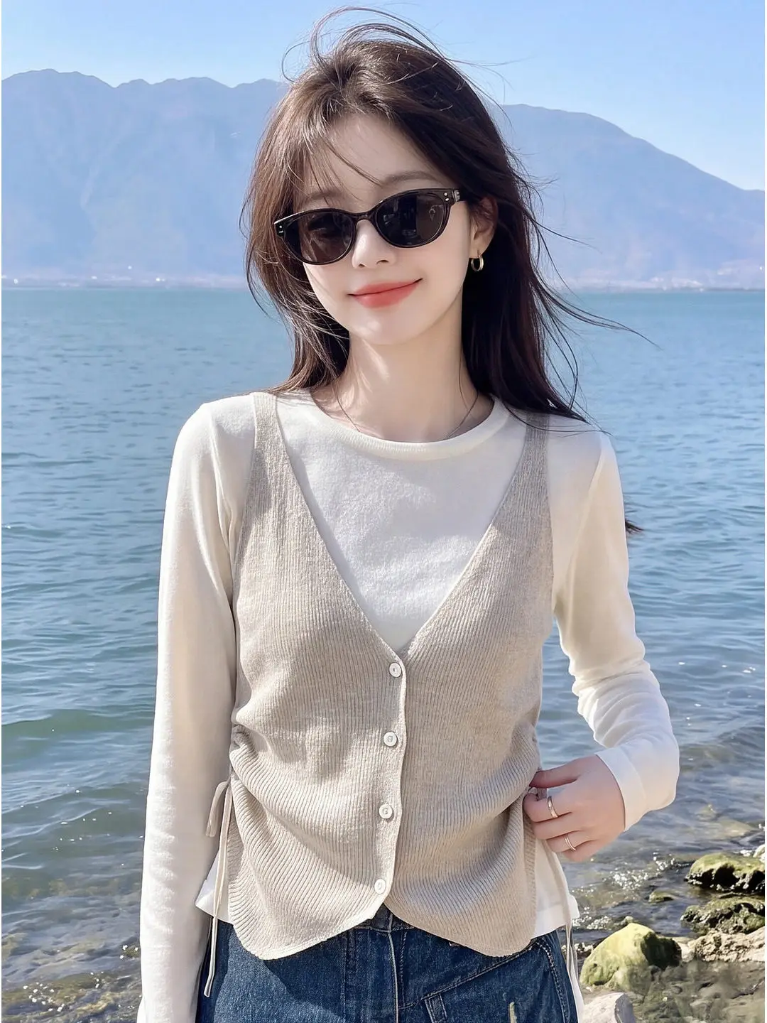 Casual Long Sleeve round Neck T-Shirt Women's Autumn Belted Design Sensation Loose Girl Style Top Skin-friendly Breathable