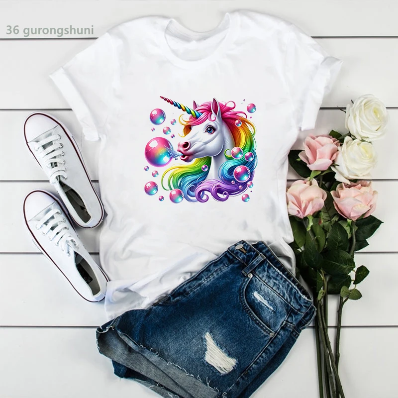 Rainbow Unicorn Blow Bubbles Printed T Shirt Girls Harajuku Kawaii Clothes Funny Tshirt Women Summer Short Sleeve T-Shirt Female