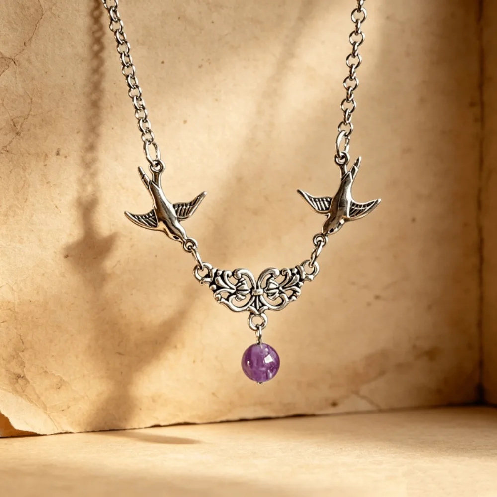 Victorian Style Love Bird Pendant Necklace for Women Antique Silver Swallow Natural Amethyst Bead Vintage Elf Charm Neck Jewelry