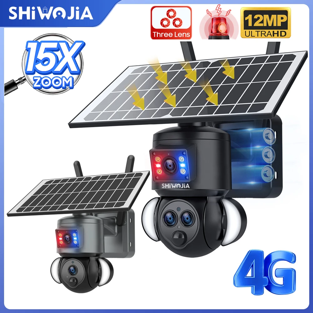 

SHIWOJIA Солнечная 4G SIM-камера 12MP 15-кратный зум Безопасность Открытый три объектива Двойной экран Запись Гуманоид Отслеживание Батарея CCTV Ubo