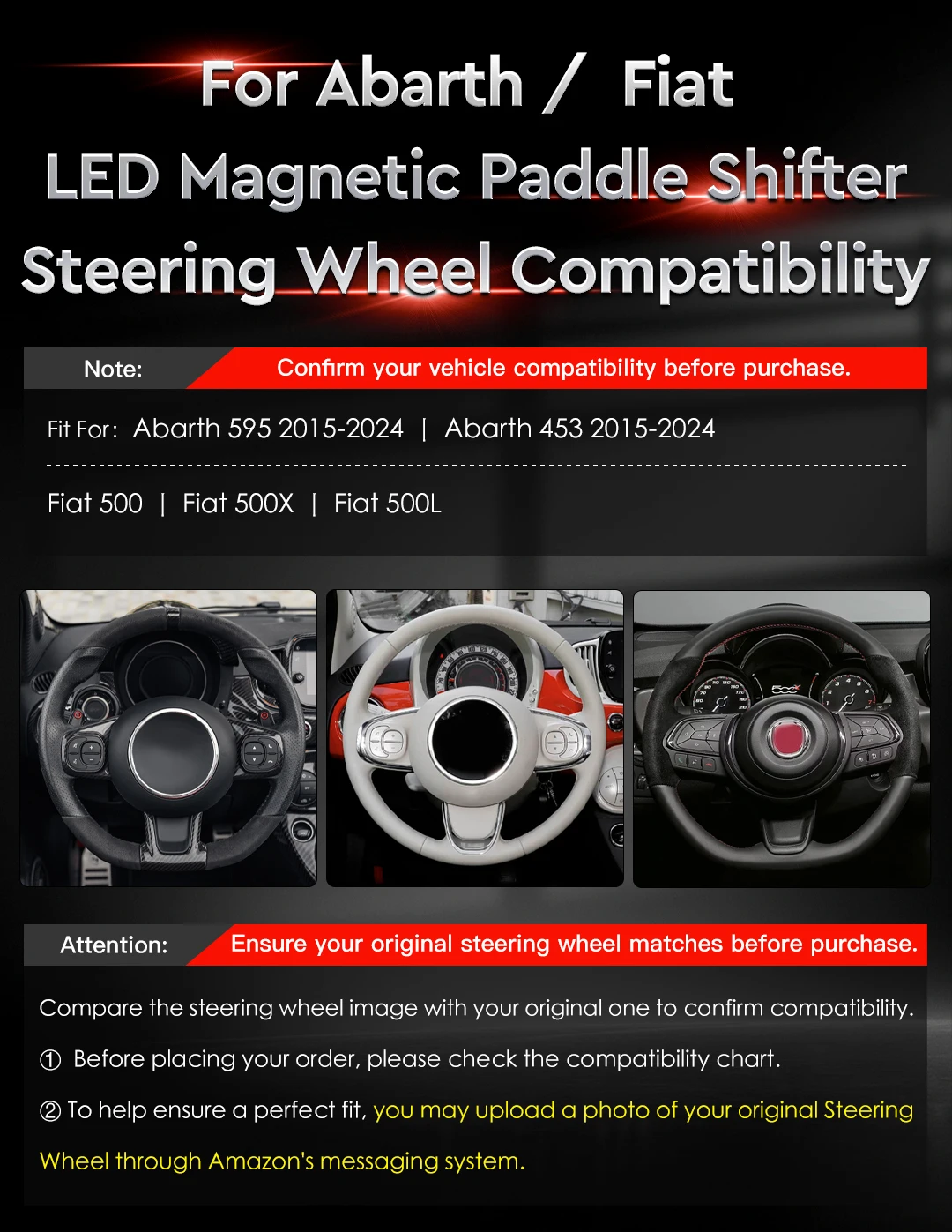 MC LED Carbon Fiber Magnetic Paddle Shifters for Fiat 500, Fiat 500X, Fiat 500L, Abarth 595 2015-2024, Abarth 453 2015-2024