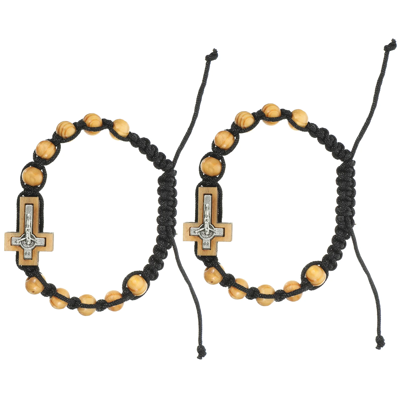 2 Pcs Cross Bracelet for Men Bracelets Rosary Rhinestone Wooden Beads Men's Wrist Man