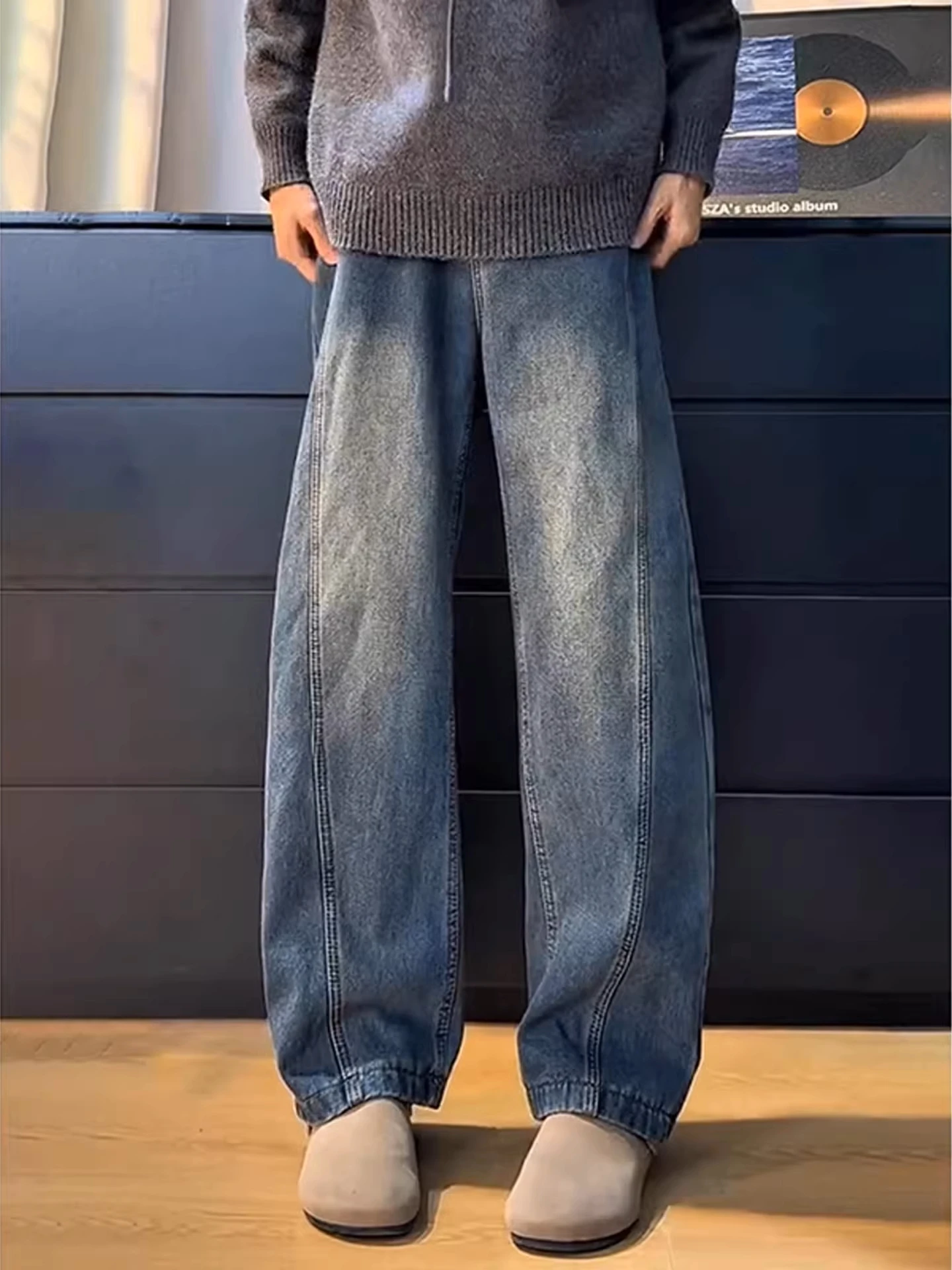 

Синие джинсы с ножом в стиле ретро, мужские брюки CleanFit American High Street, прямые брюки для похудения, длинные брюки с микро-расклешенными штанинами