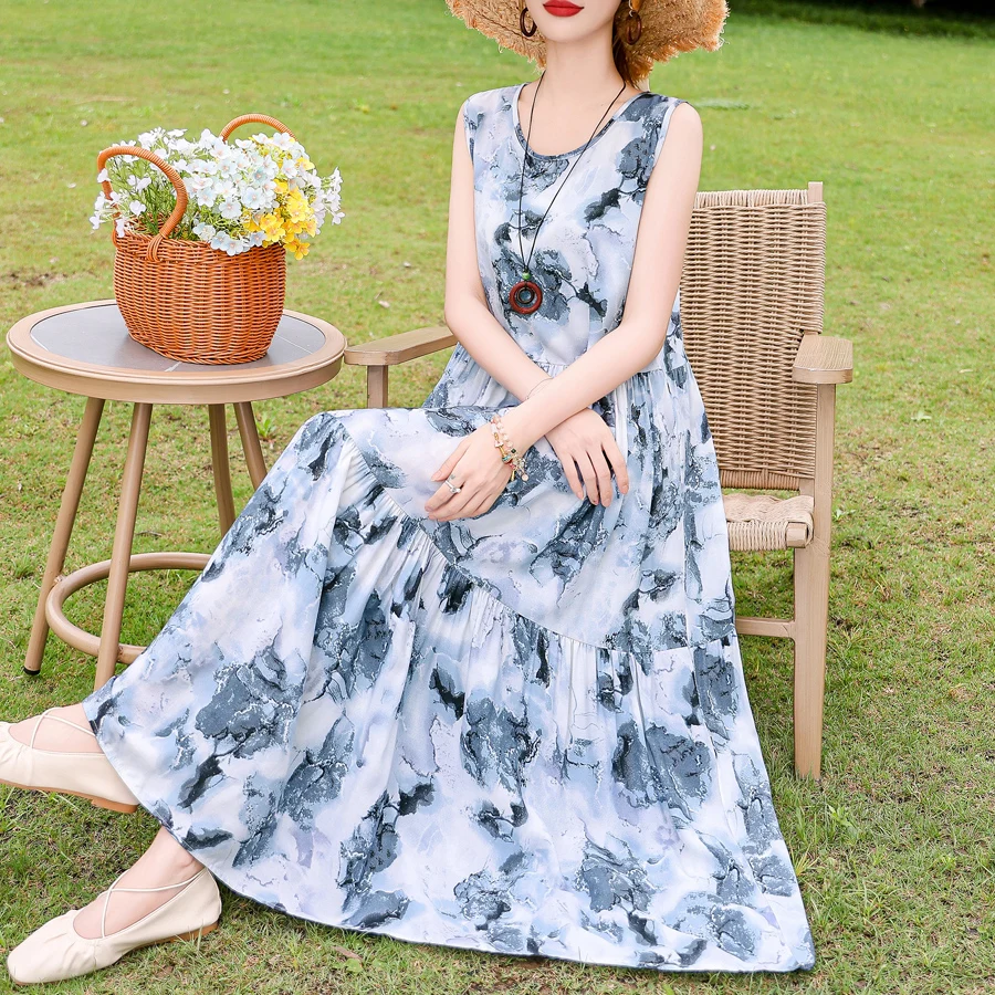 فستان نسائي طويل بوهو ، برقبة دائرية ، بدون أكمام ، مطبوع ، كبير ، شاطئ ، أنيق ، موضة جديدة ،